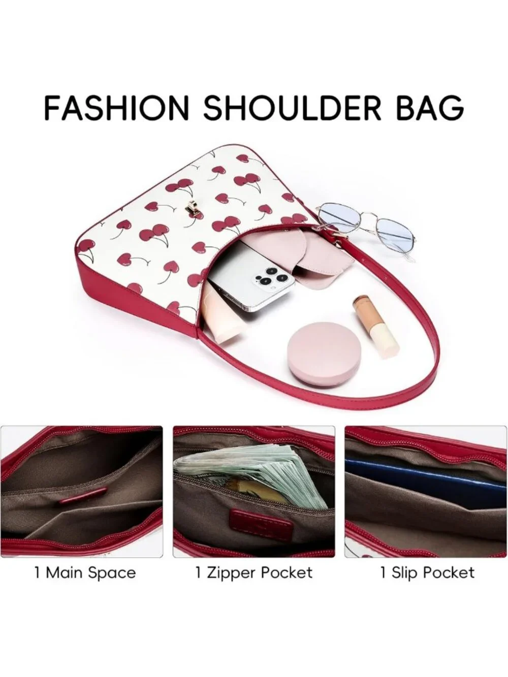 Vegan Leather Cherry Hobo Bag for Women, Adjustable Crossbody Purse, Stylish